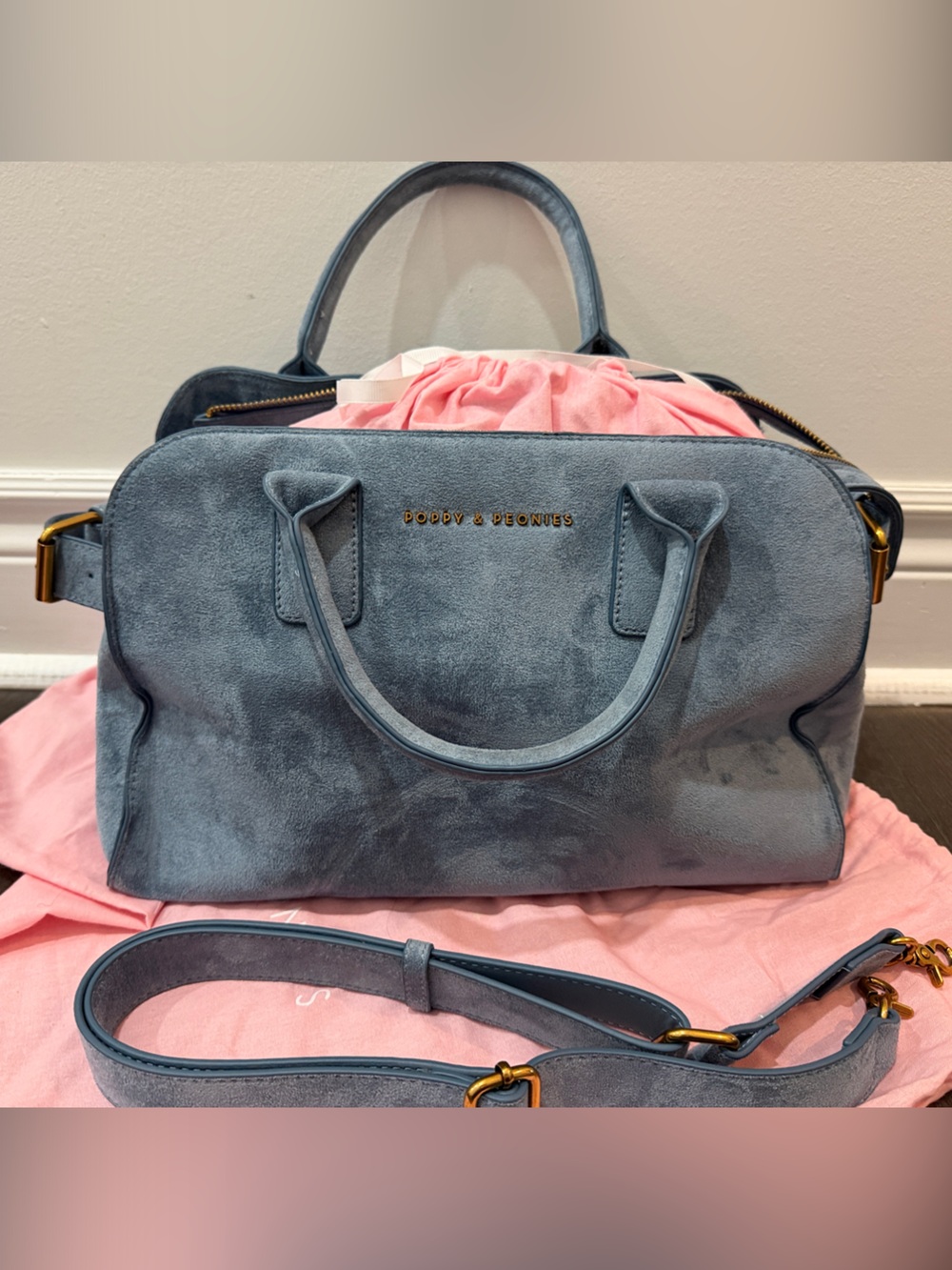 Poppy & Peonies Blue suede mini uptown